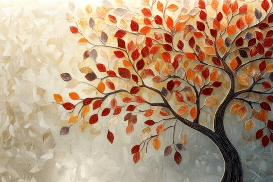 Elegant abstract wallpaper with a 3D tree, vividly colored leaves in a harmonious palette, and hanging branches creating a soothing, layered effect.