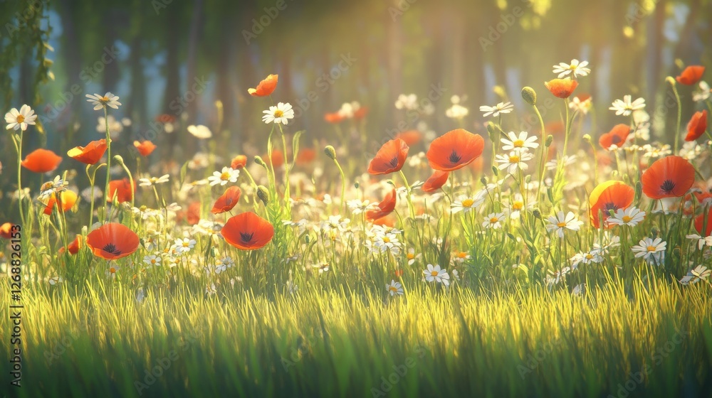 Poster vibrant spring meadow filled with wildflowers and sunlight filtering through lush trees