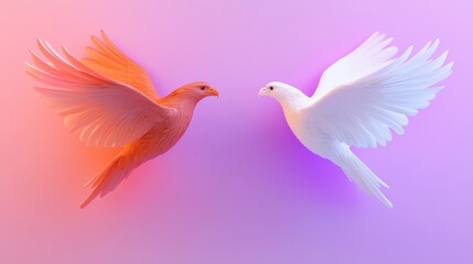 Obraz premium Two Birds Facing Each Other Pink and White Doves Pastel Background Minimalist Design Digital Art