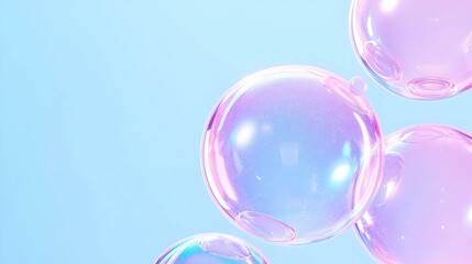 Colorful soap bubbles floating against a light blue background