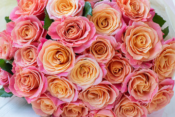 delicate bouquet of beautiful pink-orange roses.  Close-up. lush roses