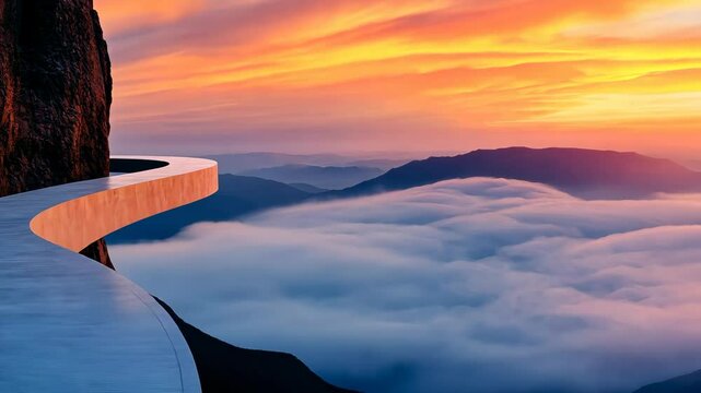 Winding concrete skywalk emerging from mountain peak at sunset