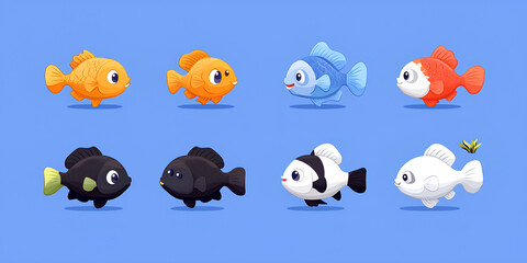 Fototapeta premium Fish icon set, 8 colorful fish, cartoon style