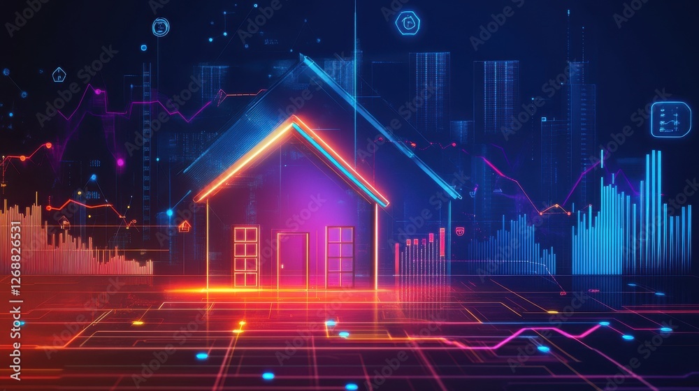 Aufkleber professional design showcasing a modern property with vibrant digital elements and market analysis