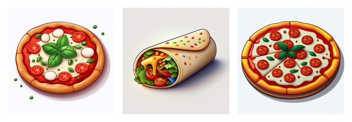 Image showcases three tasty food items: margherita pizza with basil, pepperoni pizza, and a delicious wrap filled with various ingredients.