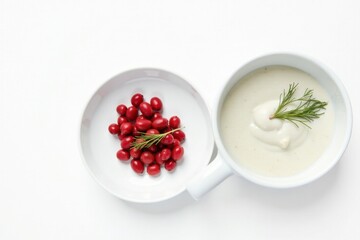 Aromatic Creamy Soup with a Garnish of Vibrant Red Berries and Fresh Herbs on a Pristine White Surface