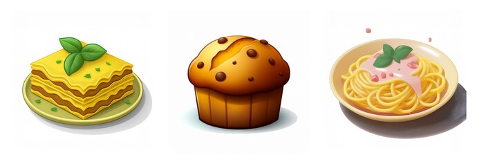 Three food items are displayed: lasagna garnished with basil, a chocolate chip muffin, and spaghetti with creamy sauce and basil in a bowl.