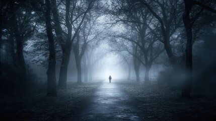 Obraz premium Forest background image showing a dark, misty forest with a lone figure standing between towering trees on an empty path