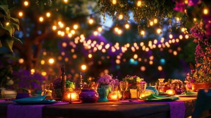 Evening garden party with warm lights, colorful decorations, and a festive atmosphere under the stars
