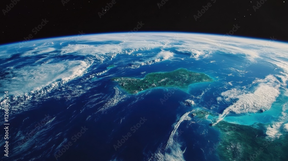 Aufkleber view of a beautiful tropical island surrounded by vibrant blue ocean and clouds from space at dawn. 