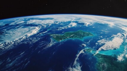 Obraz premium View of a beautiful tropical island surrounded by vibrant blue ocean and clouds from space at dawn. Generative AI