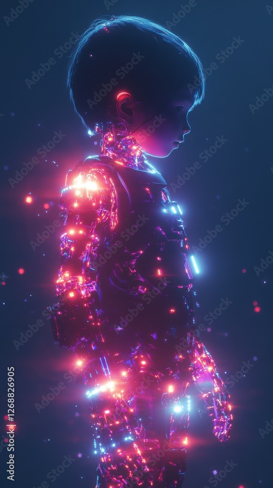 Fototapete Mystical visualization of a child with illuminated abstract patterns and a cosmic aura in a dreamlike environment