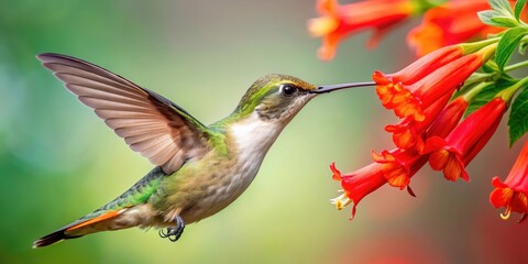 Fototapeta premium Close-up shot of a hummingbird drinking from a trumpet-shaped flower with bright red petals against a soft white background, colorful blooms, flowers close up