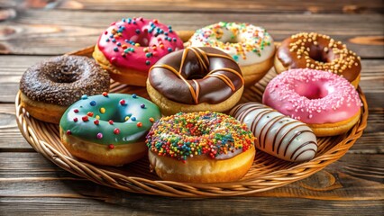 A colorful row of assorted donuts with sprinkles