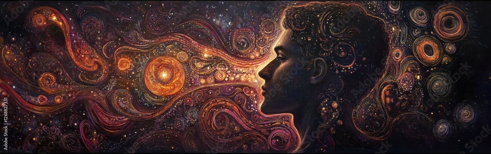 Leinwandbilder Mystical profile of a man intertwined with vibrant cosmic patterns and swirling colors representing thoughts and dreams