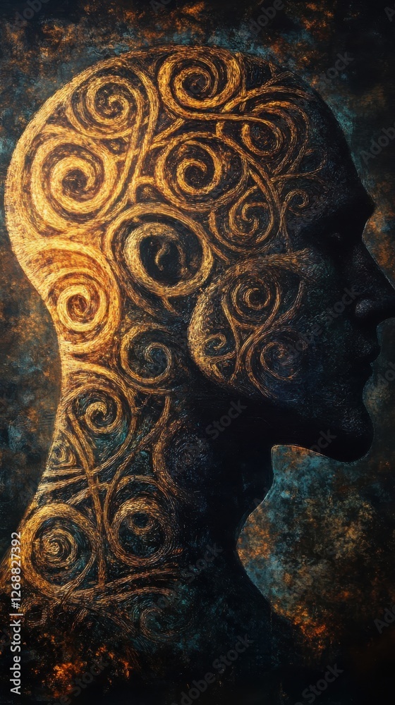 Fototapete mystical profile of a man adorned with intricate spiral patterns and textures, evoking otherworldly 