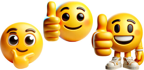 A group of cheerful emojis showcasing thumbs up and smiling faces, radiating positivity and joy on a transparent background