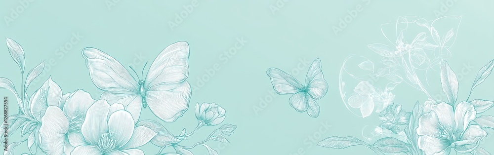 Poster spring design featuring delicate flowers and butterflies in soft monochromatic shades of green