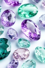 Fototapeta premium Scattered polished emerald and amethyst gemstones reflecting light in magical jewel tones