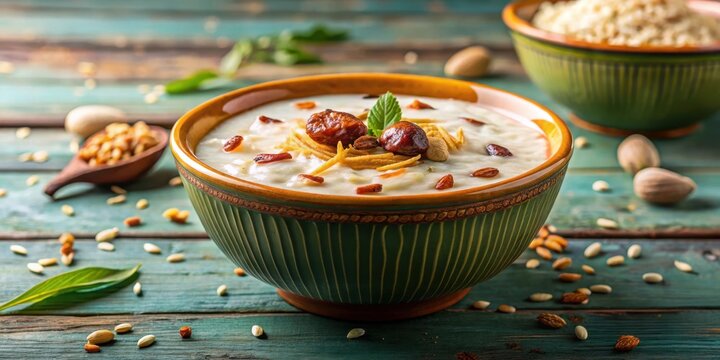 Traditional Kerala-style Palada payasam dessert in a colorful ceramic bowl with sweet, creamy rice pudding topped with toasted coconut flakes and sesame seeds , palada payasam, rice pudding