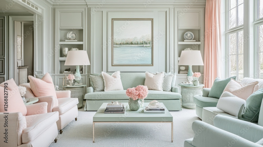 Poster living room adorned with soft pastel tones in a serene and inviting atmosphere ideal for relaxation 