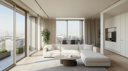 Modern living room featuring a white sofa and light oak accents with expansive city views