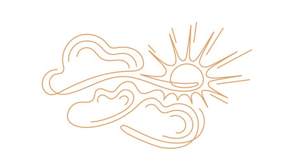 Abstract sun, clouds, gold sunburst. Line art sign