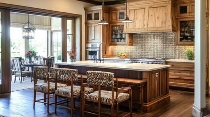 Elegant kitchen featuring tiled backsplash and wooden cabinetry with seating area for casual dining