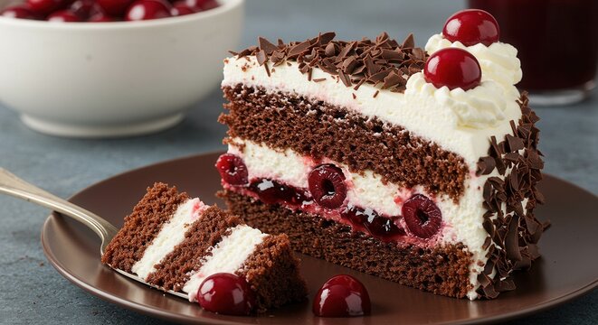 Delicious Black Forest Cake Slice with Cherries and Chocolate Shavings