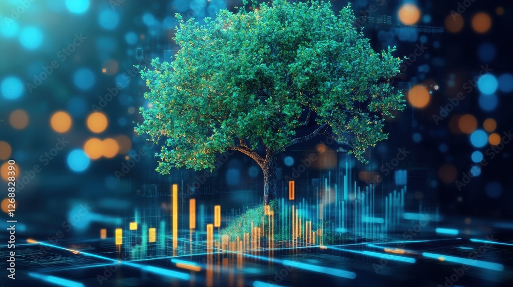 Leinwandbilder glowing design illustrating financial stability with a tree and data visualization