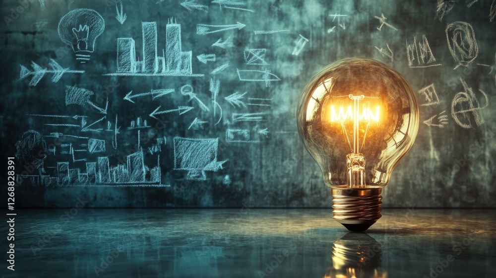 Aufkleber glowing oversized light bulb illuminating minimalist workspace with creative sketches on background 