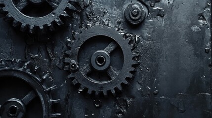 Industrial gears with a gritty texture on a dark metallic surface create an atmosphere of machinery and hardworking elements