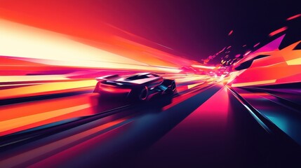 Futuristic car speeds down a vivid abstract digital landscape