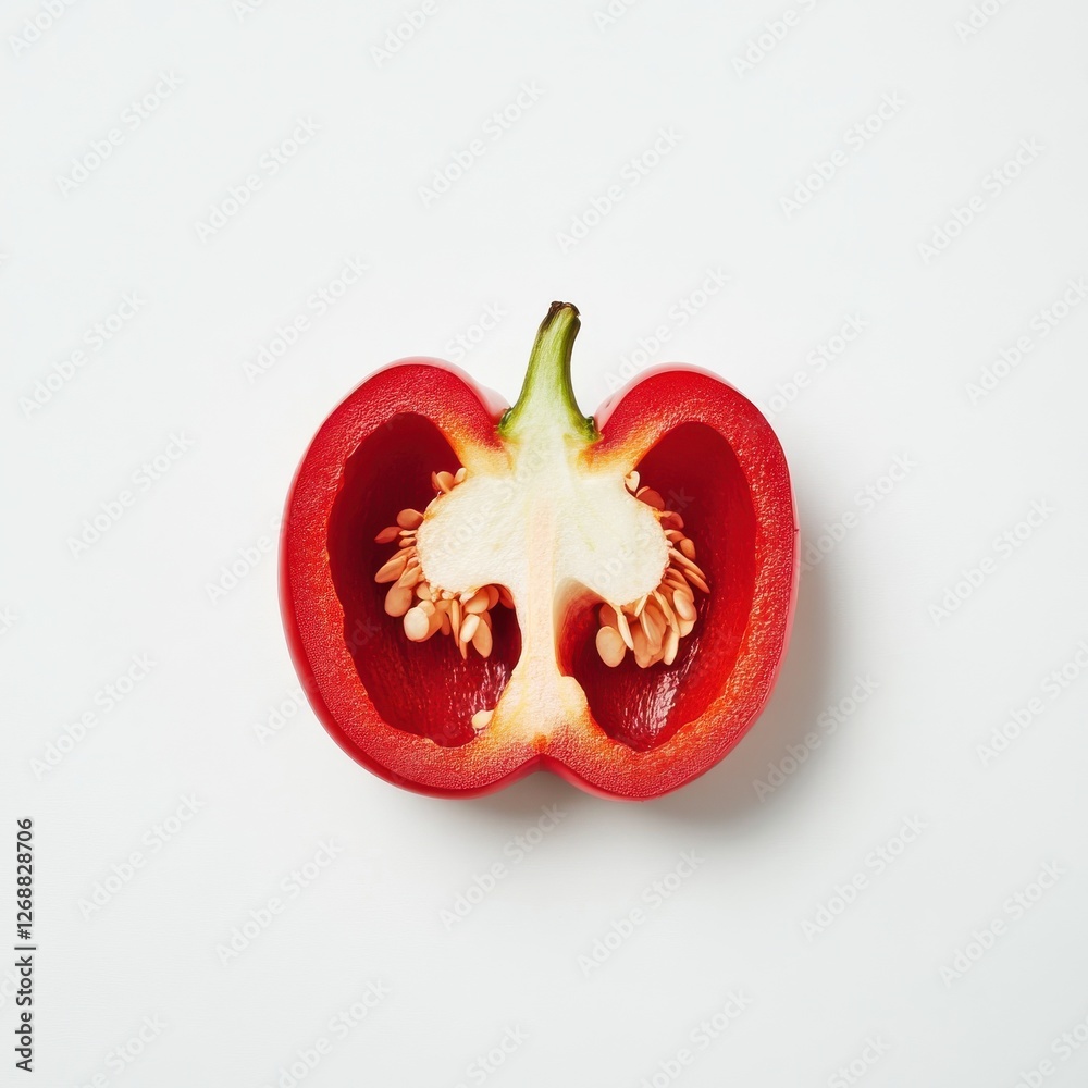 Poster fresh red bell pepper sliced in half showcasing seeds and vibrant color on a neutral background