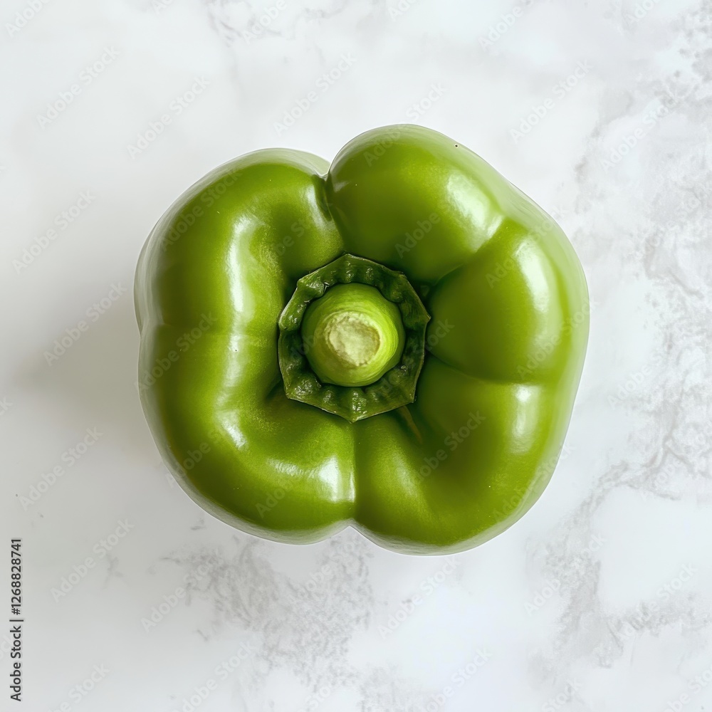 Aufkleber fresh green bell pepper with a shiny surface viewed from above, showcasing its vibrant color and uni