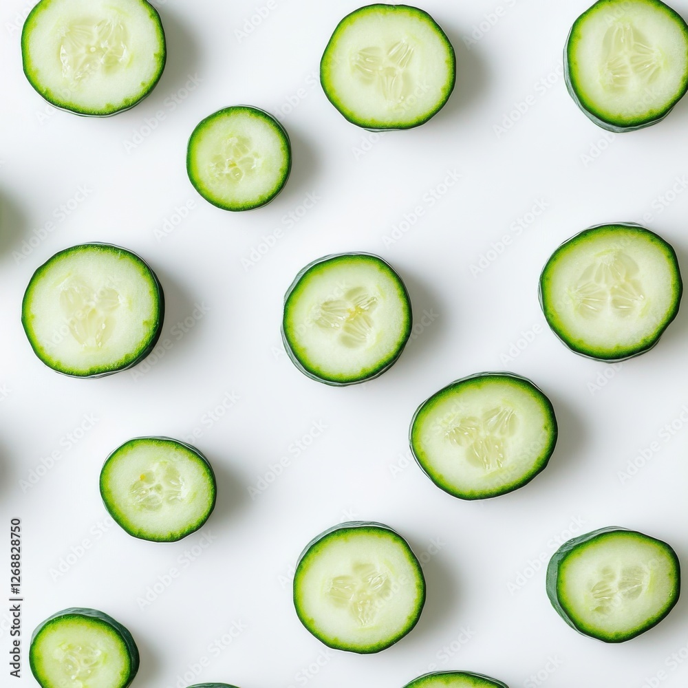 Poster fresh green cucumber rounds spread out on a bright surface for culinary preparation and garnishing t
