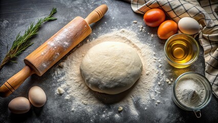 Raw pizza dough rolling out on a counter top, with a ball of dough in the center, surrounded by flour and utensils, baking, culinary