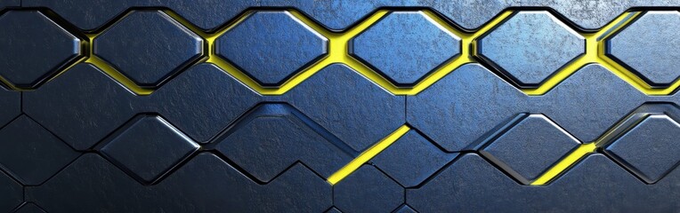 Futuristic metallic surface featuring electric blue and yellow patterns showcased in a sleek design