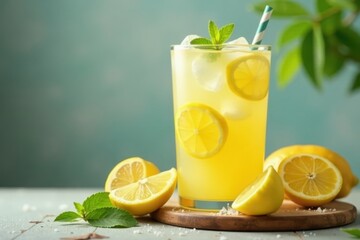 Fototapeta premium Refreshing homemade lemonade with ice and lemon slices, fruit, beverage
