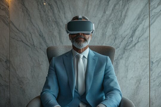 A mature businessman in a blue suit sits in a chair wearing a VR headset, experiencing immersive technology.