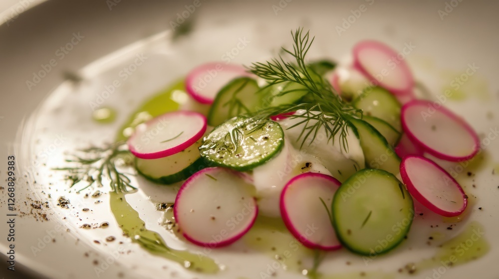 Poster crisp radish and cucumber salad with fresh dill dressing served in a modern dining setting