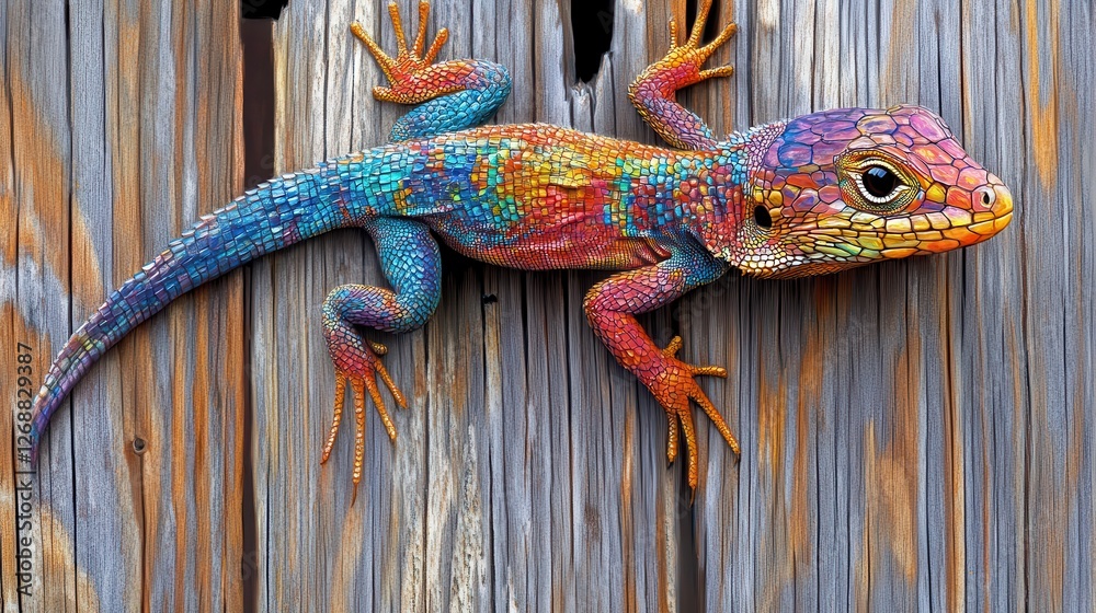 Poster Colorful lizard perched on weathered wood with intricate patterns and vibrant hues captured in a macro perspective