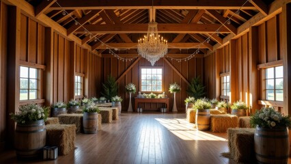 Fototapeta premium Wedding photography booth, Rustic barn with hay bales and string lights