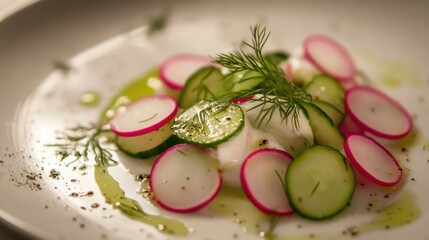 Crisp radish and cucumber salad with fresh dill dressing served in a modern dining setting