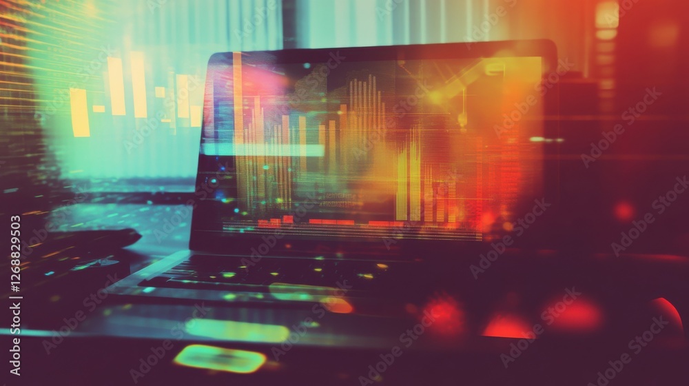 Aufkleber creative double exposure showcasing a laptop screen with vibrant data visualization and abstract lig