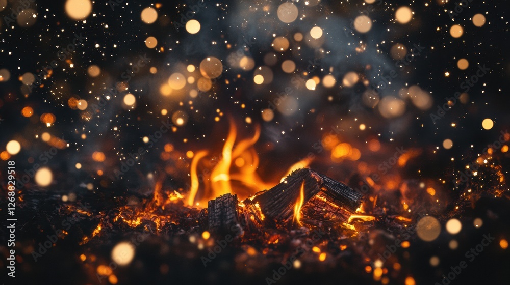 Poster creative double exposure of glowing embers illuminating the night sky in a mesmerizing display of wa