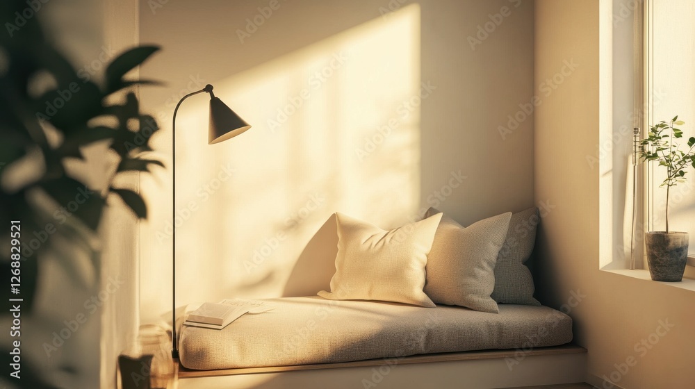 Aufkleber Cozy reading nook with warm sunlight and inviting corner bench adorned with soft pillows