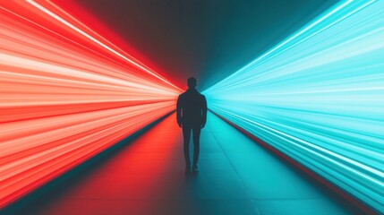 A Futuristic Scene with a Person Standing Still as Streaks of Light Representing Rapid Technological Advancement Rush Past in a Dynamic Setting