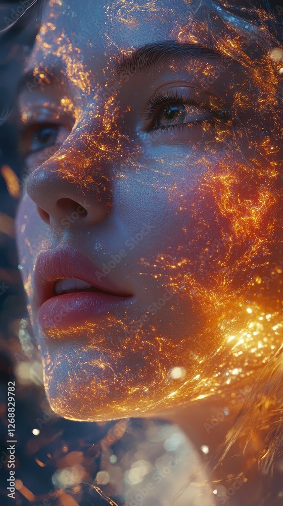 Poster glowing woman surrounded by luminous patterns at twilight emphasizing ethereal beauty and wonder in 