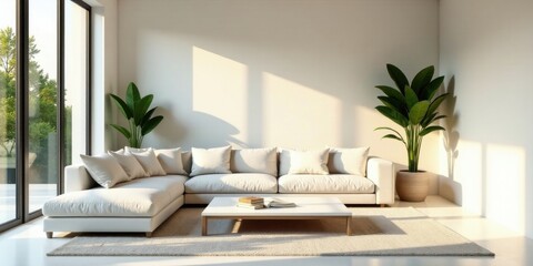 Serene Modern Living Room with Sunlight Streaming Through Large Window and Plush Sectional Sofa